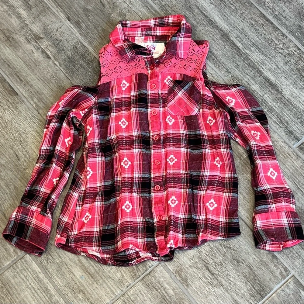 Justice‎ Red Cold Shoulder Long Sleeve Plaid Lace Trim Cowgirl Shirt Girl's 10